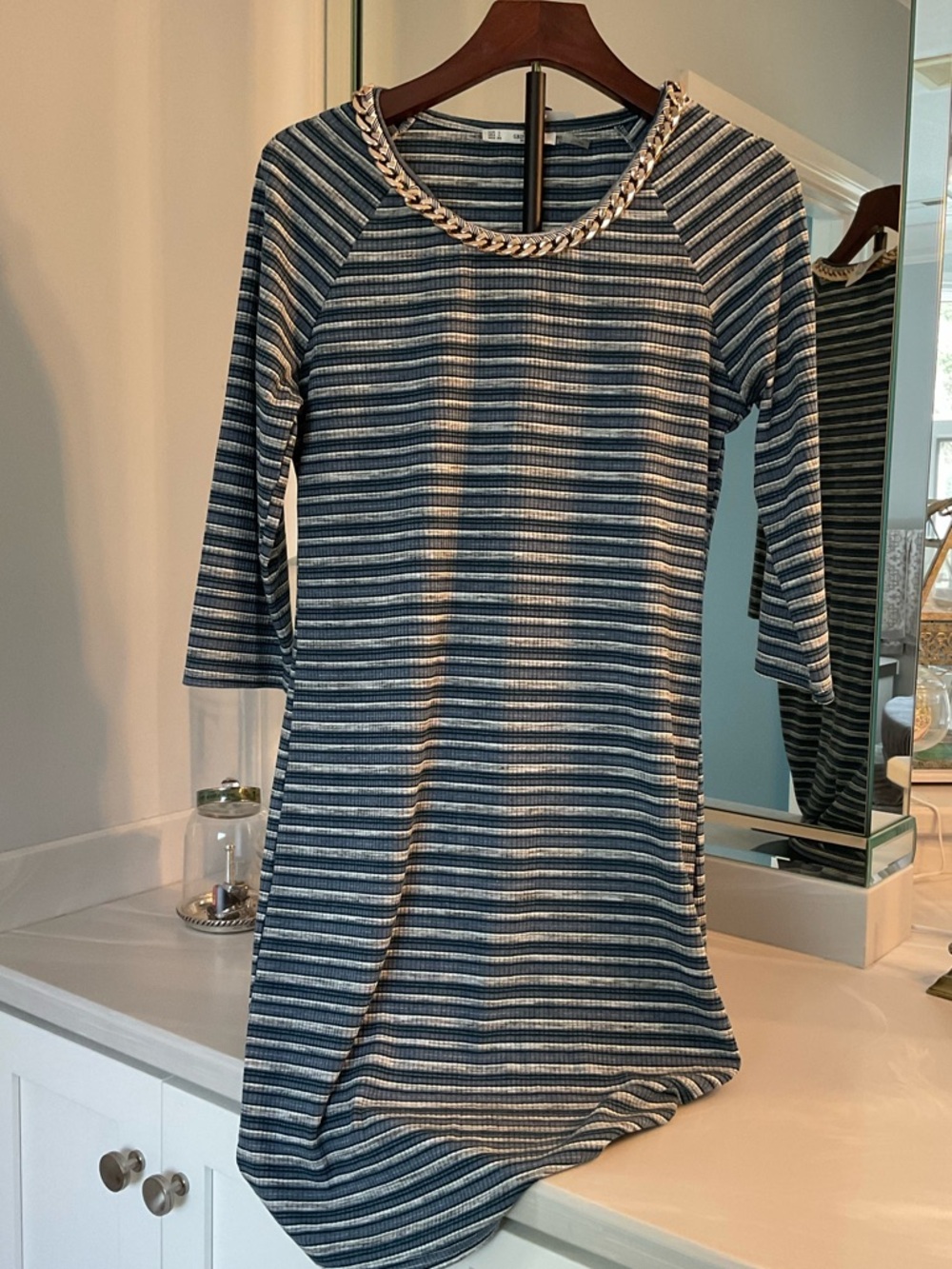 Striped Long-Sleeve Navy and White Shift Dress with Chain Detail US Large